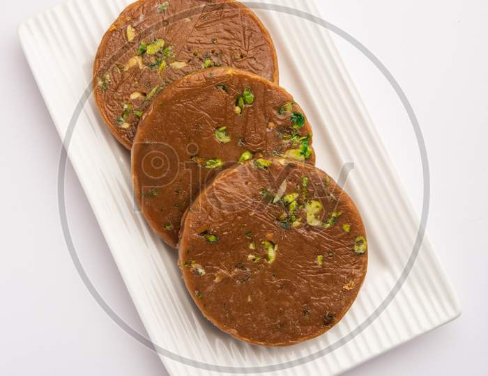 Sohan Halwa Or Halva, Popular Sweet Recipe From Ajmer, India. Served In A Plate