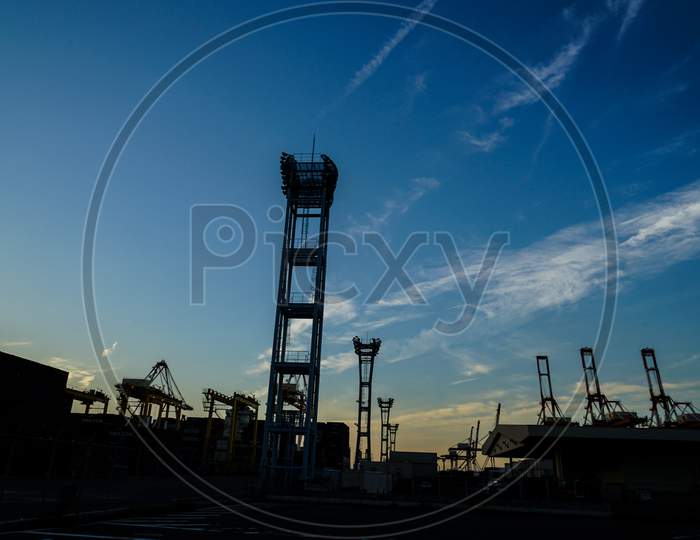 Crane Group Of Yokohama Port And Evening