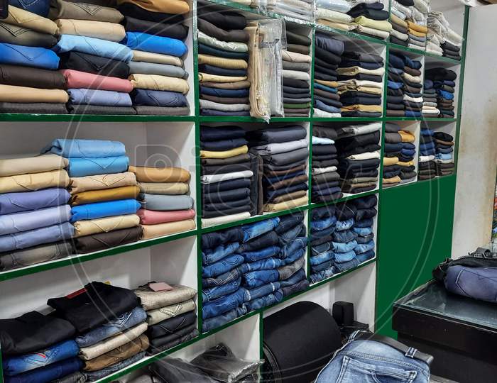 Side Shot Of Pants Section In Textile Shop