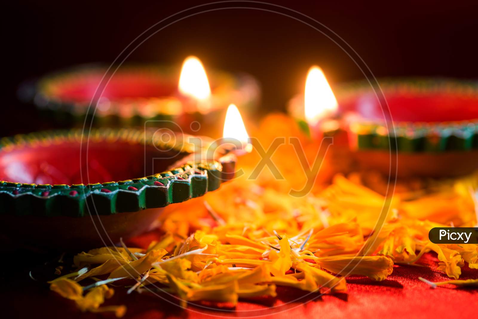 Happy Diwali - Clay Diya Lamps Lit During Diwali Celebration. Greetings Card Design Of Indian Hindu Light Festival Called Diwali