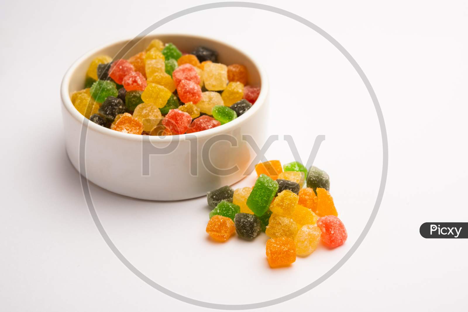 Indian Colorful Candy And Jelly Bites Sweet, Fruit Flavoured Confectionery Coated With Sugar, Served In A Plate Or Bowl