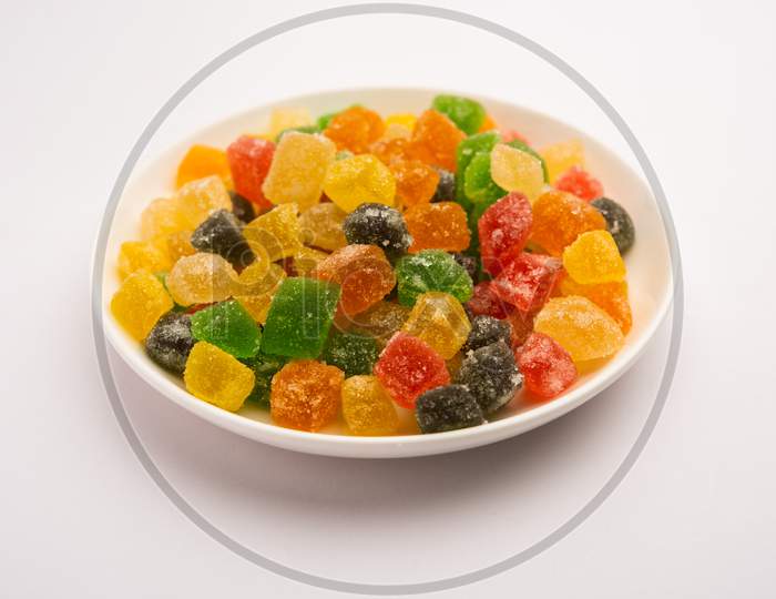 Indian Colorful Candy And Jelly Bites Sweet, Fruit Flavoured Confectionery Coated With Sugar, Served In A Plate Or Bowl