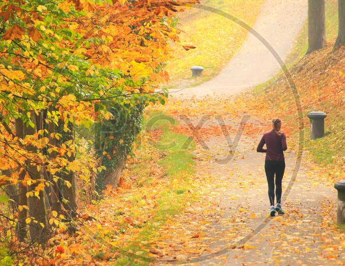 Woman Jogging On The Street In Autumn Season. View From The Back