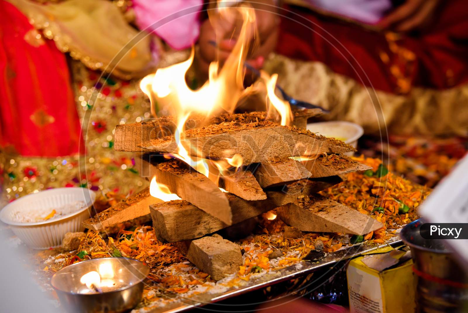 Sacred Fire For Puja. Selective Focus Is Used