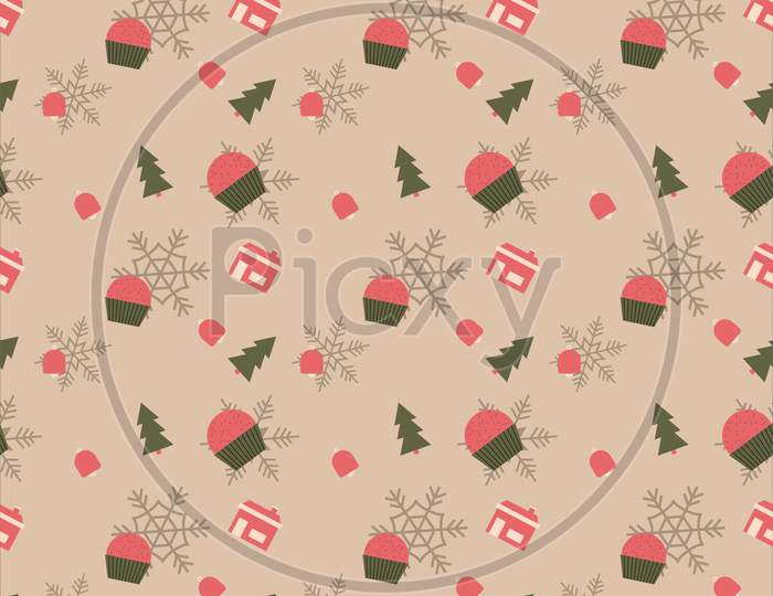 Cup Cake, House, Bell, Christmas Tree, Snowflakes Vector Repeat Pattern, Hand Drawn Christmas Repeat Pattern For  Background, Wallpaper, Gift Wrapper, Textile, Packaging, Banner.
