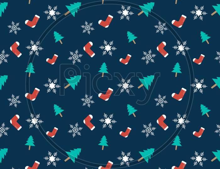 Christmas Theme Seamless Repeat Pattern Created With Elements Like Christmas Tree, Socks And Snowflakes, Hand Drawn Vector Repeat Pattern For Textile, Fabric, Gift Wrapper, Packaging And Web Backdrop.