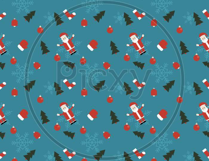 Santa Claus, Bell, Decorative Ball, Christmas Tree, Vector Repeat Pattern, Hand Drawn Christmas Repeat Pattern For Background, Wallpaper, Gift Wrapper, Textile.