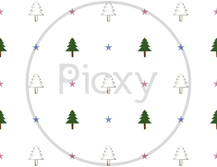 Christmas Repeat Pattern With Star And Christmas Tree, Christmas Tree And Stars Hand Drawn Vector Repeat Pattern For Textile, Gift Wrapper, Fabric, Web Backdrop And Packaging.