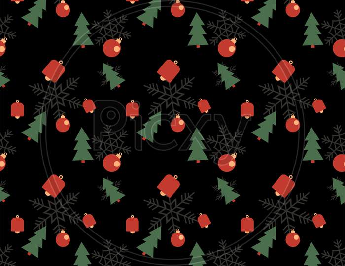 Christmas Tree, Bell And Decorative Ball Repeat Pattern On Black Background With Snowflakes, Hand Drawn Christmas Repeat Pattern.