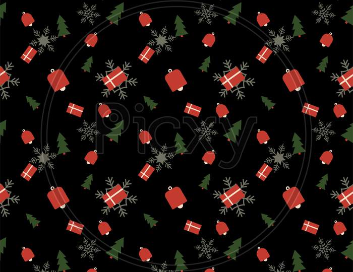 Christmas Tree, Bell And Gift Box Repeat Pattern On Black Background With Snowflakes, Hand Drawn Repeat Pattern In Christmas Theme.