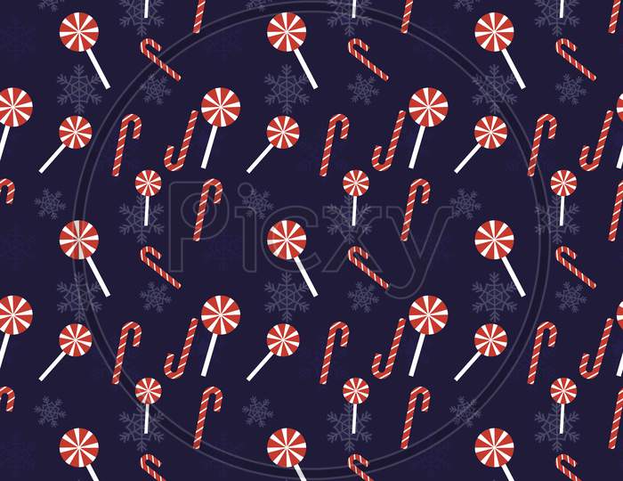 Lollipop, Candy Cane And Snowflakes Vector Repeat Pattern, Hand Drawn Christmas Repeat Pattern For  Background, Wallpaper, Gift Wrapper, Textile, Packaging, Banner.