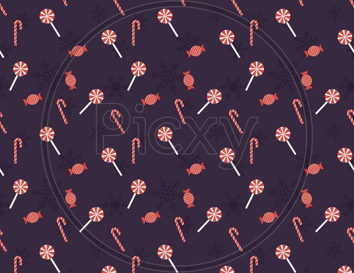 Lollipop, Candy Cane, Candy And Snowflakes Vector Repeat Pattern, Hand Drawn Christmas Repeat Pattern For  Background, Wallpaper, Gift Wrapper, Textile, Packaging, Banner.