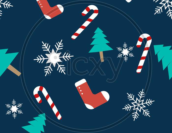 Christmas Theme Repeat Pattern Created With Elements Like Christmas Tree, Socks, Snowflakes, Candy Cane Hand Drawn Vector Pattern Swatch For Textile, Fabric, Gift Wrapper, Packaging And Web Backdrop.