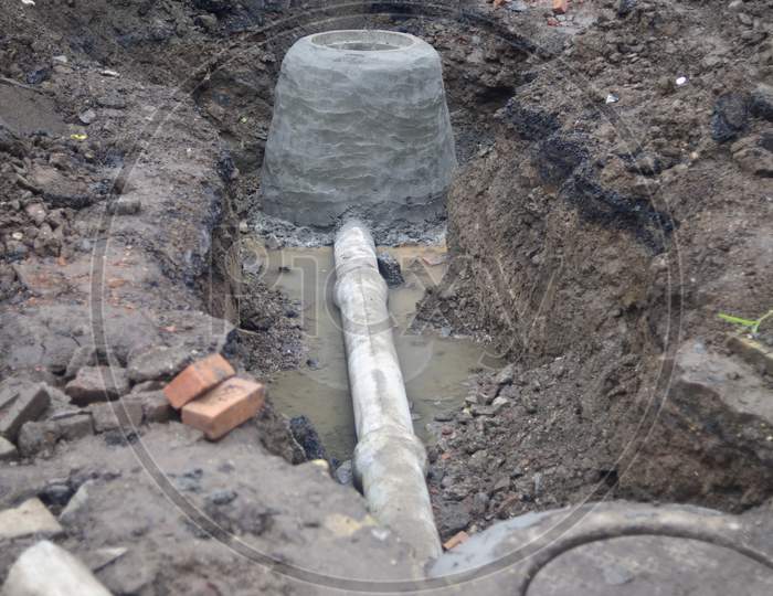 Road Dug Up To Install Sewage Pipes