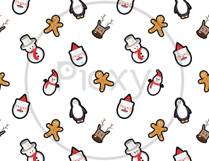 Penguin, Santa Claus With Hat, Deer Head, Gingerbread Man Seamless Pattern Background. Perfect For Winter Holiday Fabric, Giftwrap, Scrapbook, Greeting Cards Design Projects.