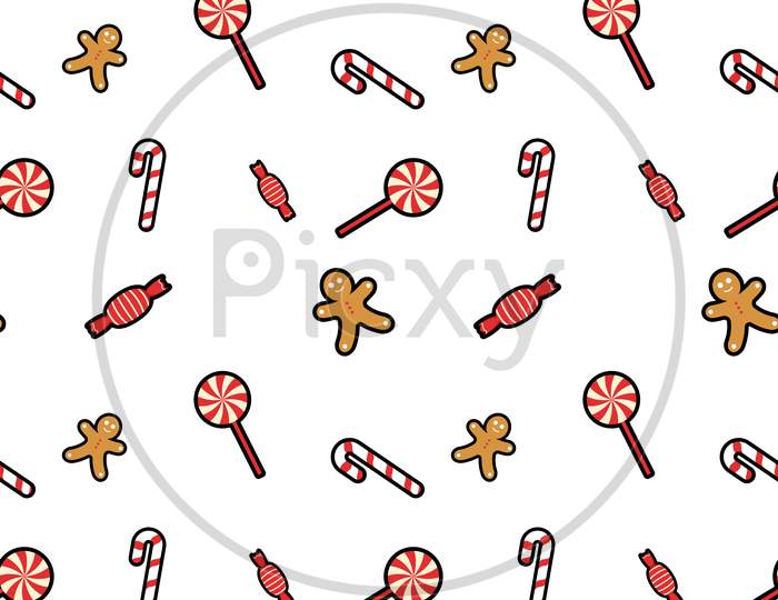 Lollipop, Gingerbread Man, Candy Cane, Candy, Sweet Seamless Pattern Background. Perfect For Winter Holiday Fabric, Giftwrap, Scrapbook, Greeting Cards Design Projects.