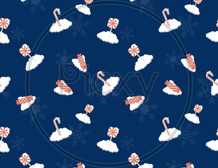 Snow Covered Candy Cane, Lollipop, Candy, Snowflake Seamless Repeat Pattern For Packaging, Textile, Gift Cover, Background For Christmas Design Project.