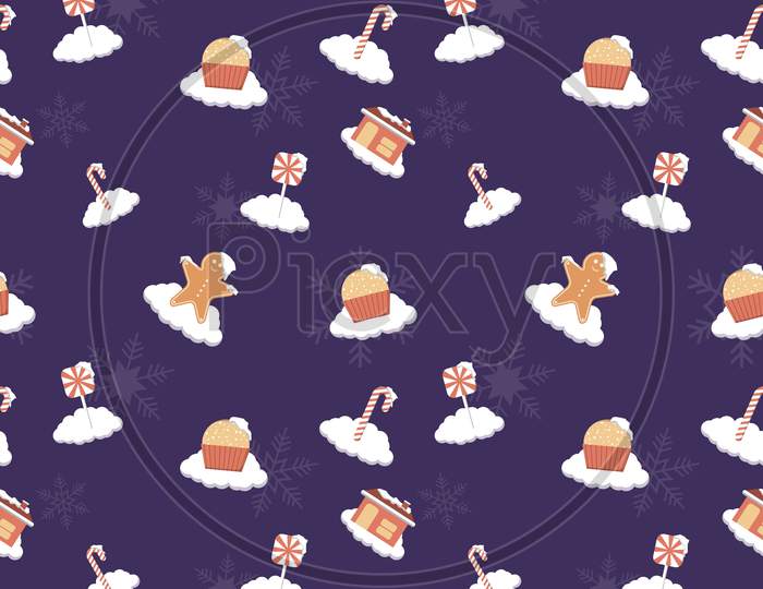 Snow Covered Cupcake, Gingerbread Man, Lollipop, Candy Cane, House With Chimney, Candy Cane, Snowflake Seamless Repeat Pattern For Packaging, Textile, Gift Cover, Background For Christmas Design.