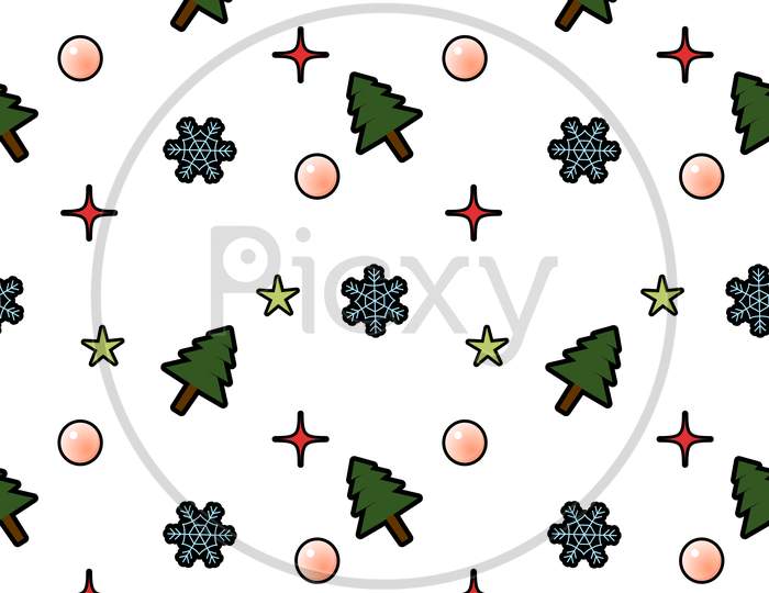 Snowflake, Christmas Tree, Decorative Ball, Star, Seamless Pattern Background. Perfect For Winter Holiday Fabric, Giftwrap, Scrapbook, Greeting Cards Design Projects.