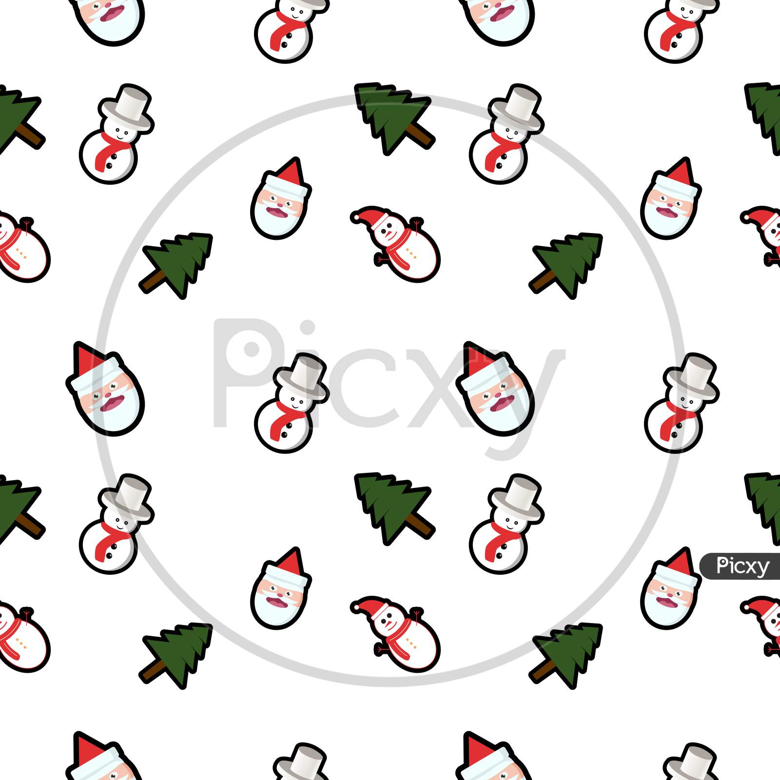 Santa Claus Head With Hat, Christmas Tree, Snowman Seamless Pattern Background. Perfect For Winter Holiday Fabric, Giftwrap, Scrapbook, Greeting Cards Design Projects.