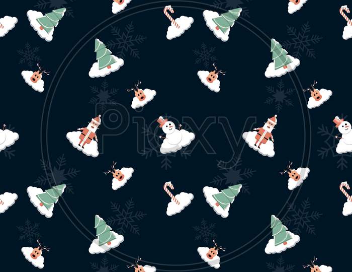 Snow Covered Christmas Tree, Santa Claus. Candy Cane, Deer Head, Snowman, Snowflake Seamless Repeat Pattern For Packaging, Textile, Gift Cover, Background For Christmas Design Project.
