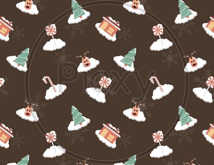Snow Covered Candy Cane, Lollipop, Candy, Deer Head, Christmas Tree  House With Chimney Seamless Repeat Pattern For Packaging, Textile, Gift Cover, Background For Christmas Design Project.