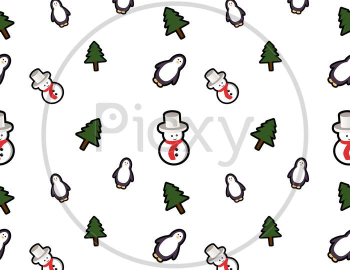 Snowman, Penguin, Christmas Tree, Seamless Pattern Background. Perfect For Winter Holiday Fabric, Giftwrap, Scrapbook, Greeting Cards Design Projects.