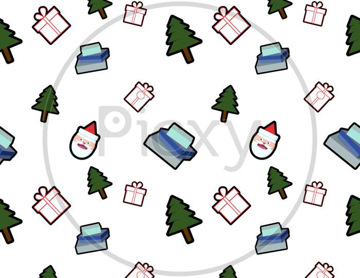 Gift Box, Christmas Tree, Santa Claus Head With Hat Seamless Pattern Background. Perfect For Winter Holiday Fabric, Giftwrap, Scrapbook, Greeting Cards Design Projects.