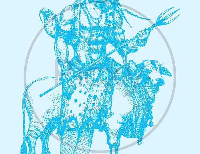 Sketch Of Hindu God Lord Shiva And His Sign, Symbols Outline Editable Illustration