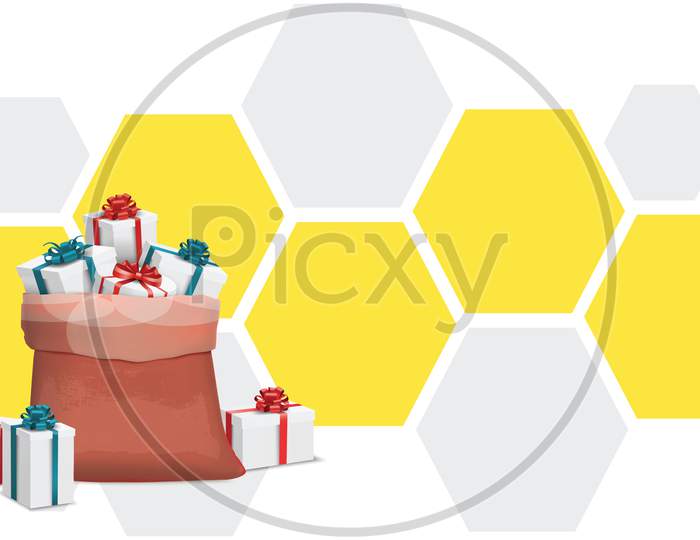 Bag Full Of Gifts On Abstract Hexagon Background