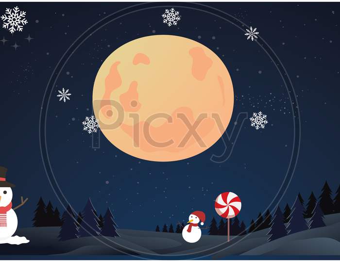 Big And Small Snowman In The Moon Night During Christmas