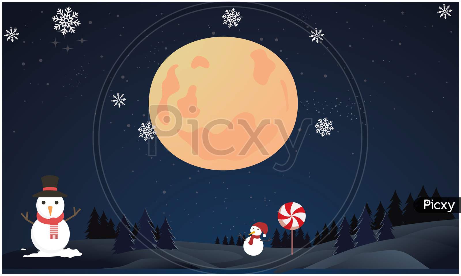 Big And Small Snowman In The Moon Night During Christmas