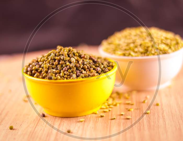 Moong Dal And Dry Mung Beans On Agriculture Layer Background,Filling Mung Bean Also Known As Mung Seeds Or Moong Dal In A Yellow Bowl++++88888828