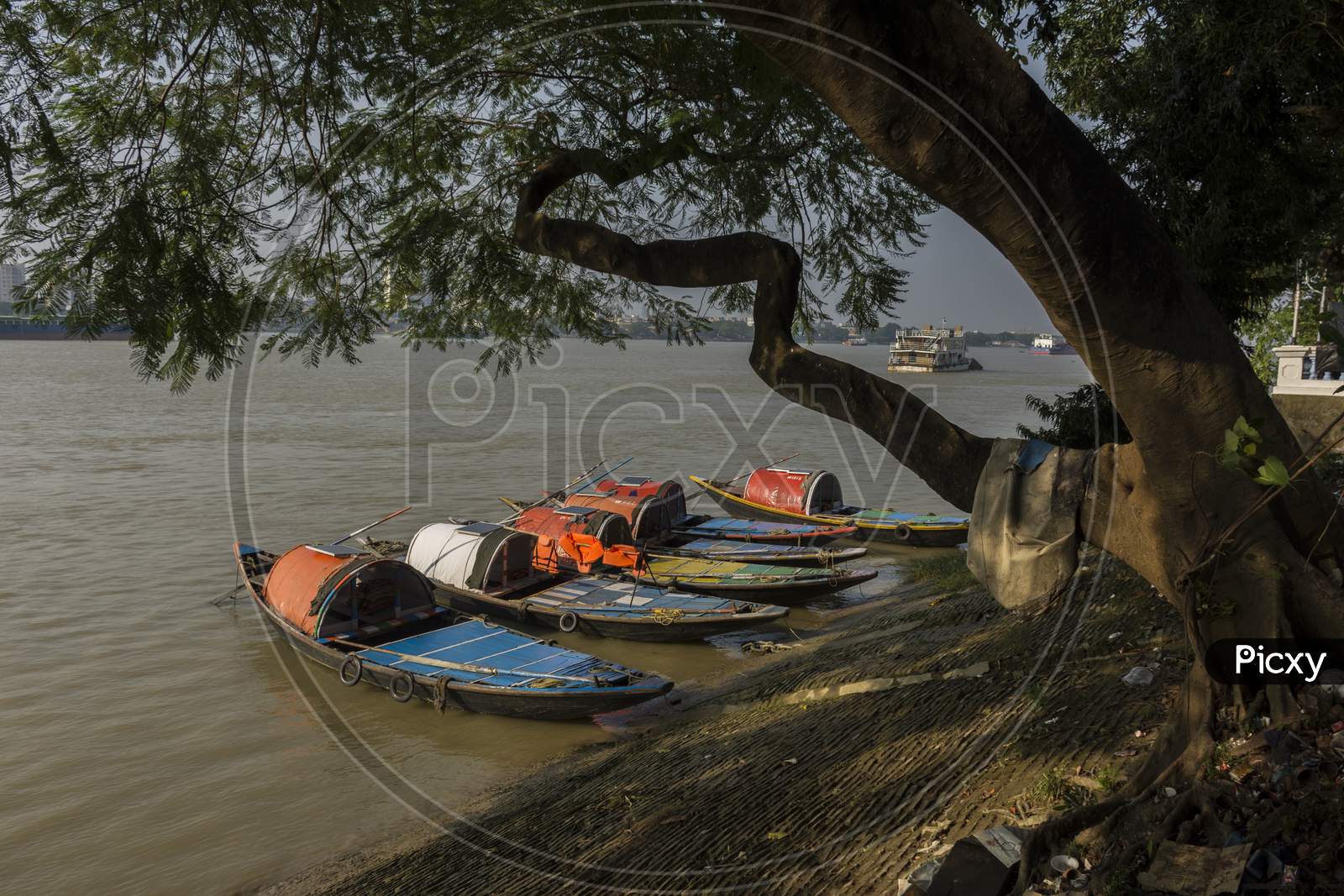 Anchored Floating Boats On River Hoogly At Priencep Ghat, Kolkata.