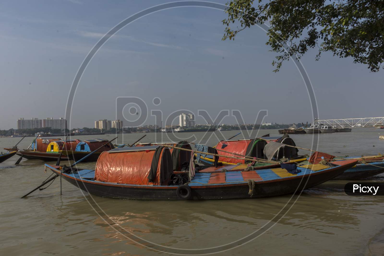 Anchored Floating Boats On River Hoogly At Priencep Ghat, Kolkata.