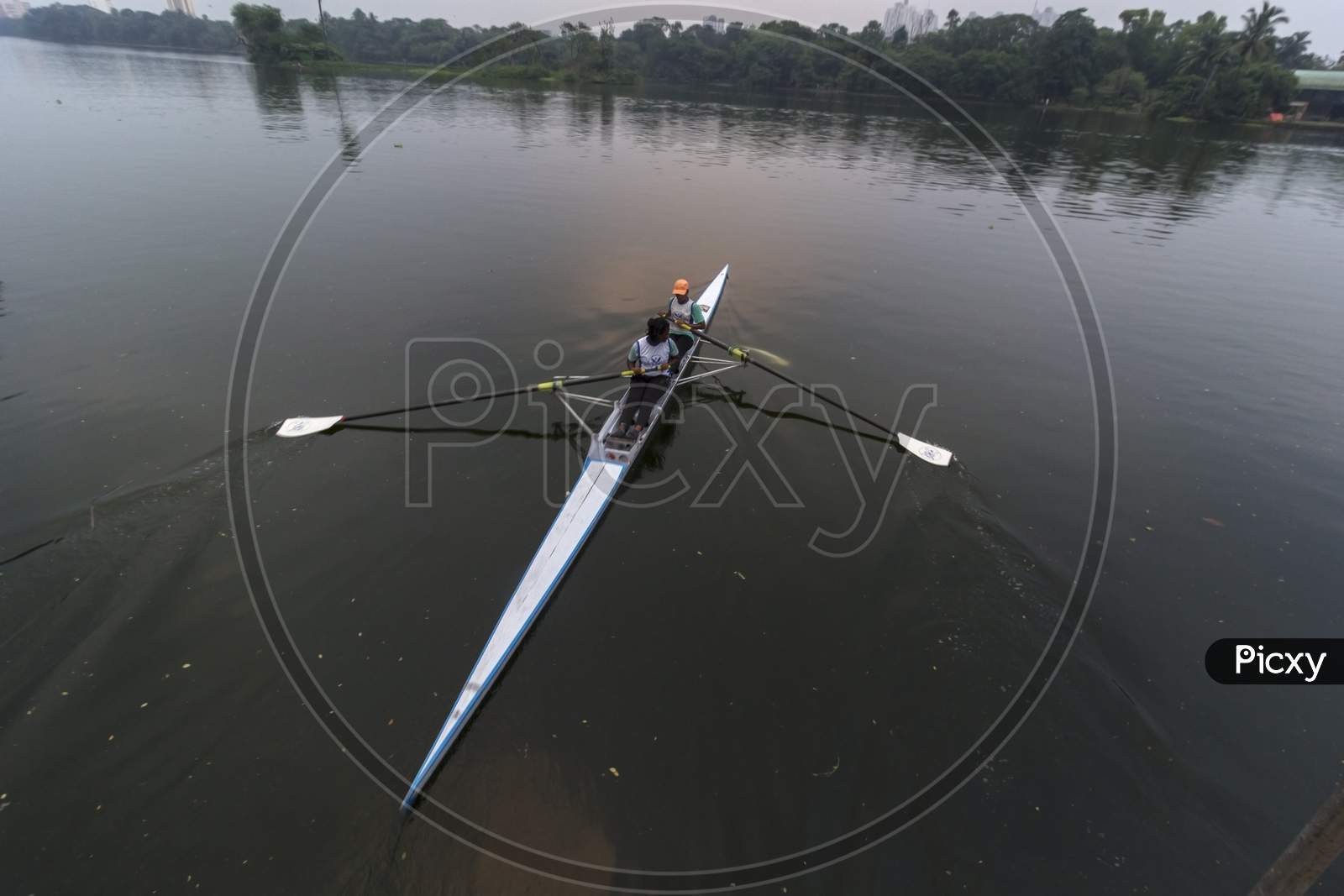 Women'S Rowing Team On Blue Water, Top View At Rabindra Sarobar Lake Kolkata.