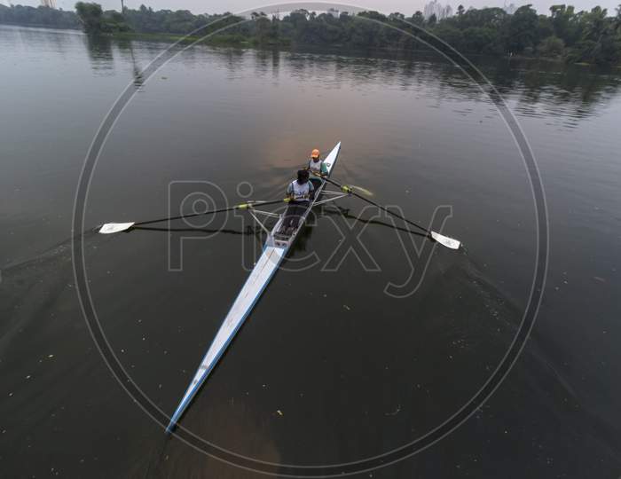 Women'S Rowing Team On Blue Water, Top View At Rabindra Sarobar Lake Kolkata.