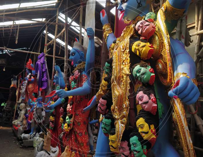 Many idols of Kali, Hindu goddess (Thakur) is being prepared in the place in Kumartuli, Kolkata India