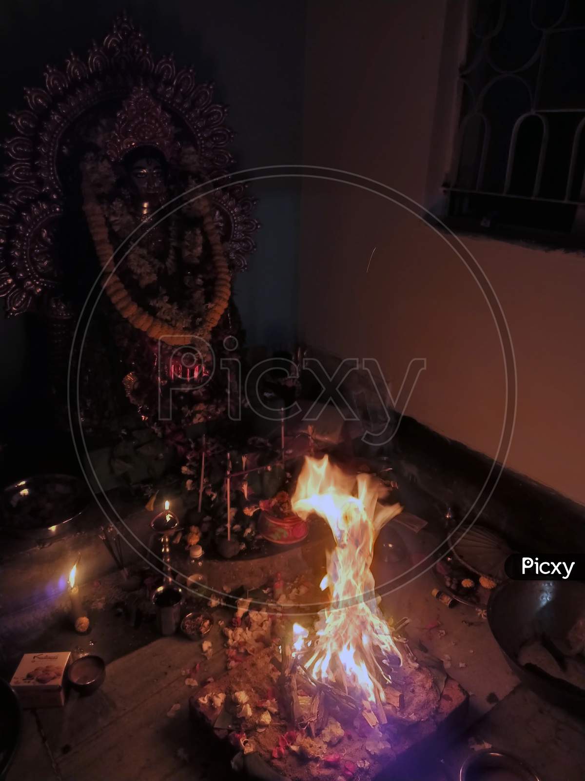 Hot blazing flames of fire. A sacred fire ritual. A puja procedure using Havan kund.