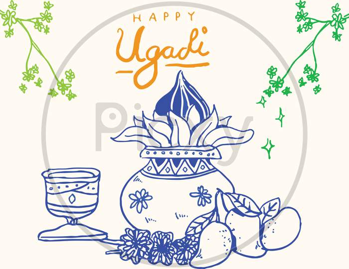 Drawing Or Sketch Of Happy Ugadi Or Gudi Padwa Festival Outline Illustration Of Kalash, Neem, Mango, Leaves, Coconut With Decoration Outline Editable Illustration