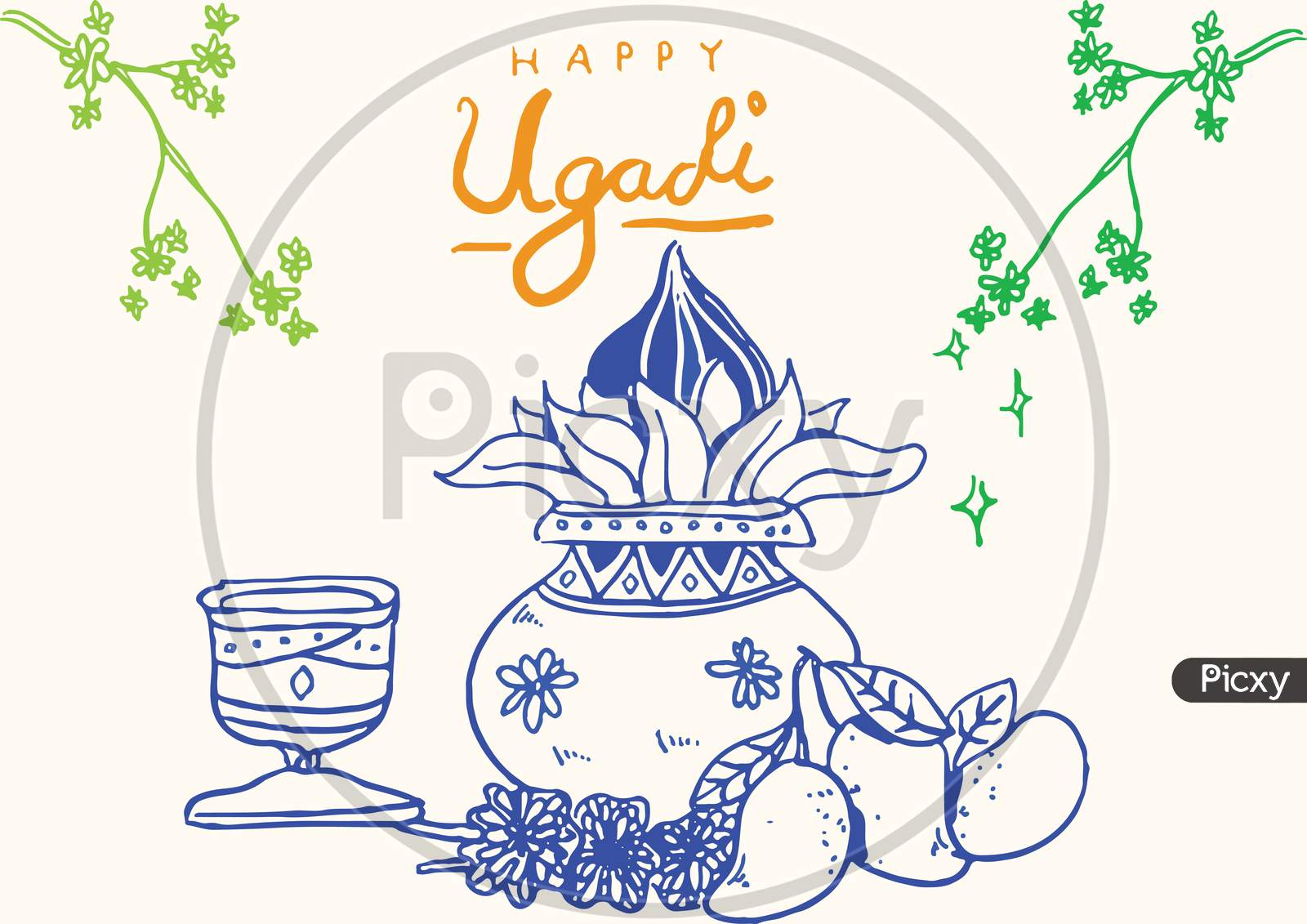 Drawing Or Sketch Of Happy Ugadi Or Gudi Padwa Festival Outline Illustration Of Kalash, Neem, Mango, Leaves, Coconut With Decoration Outline Editable Illustration