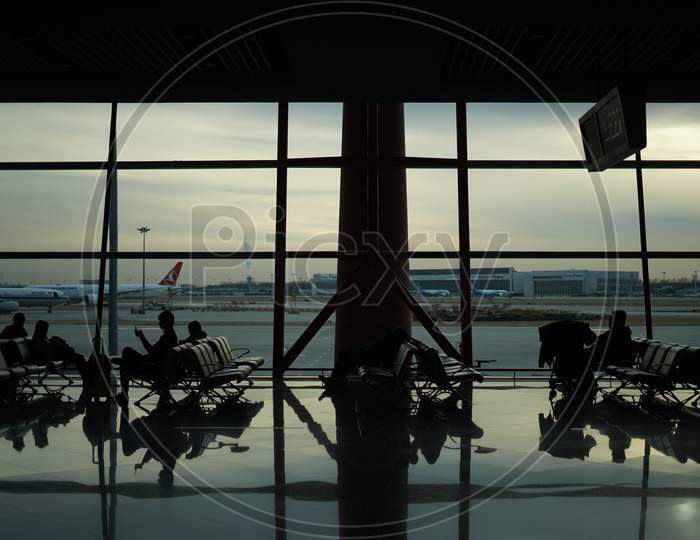 Waiting Room And The Silhouette Of The Beijing International Airport