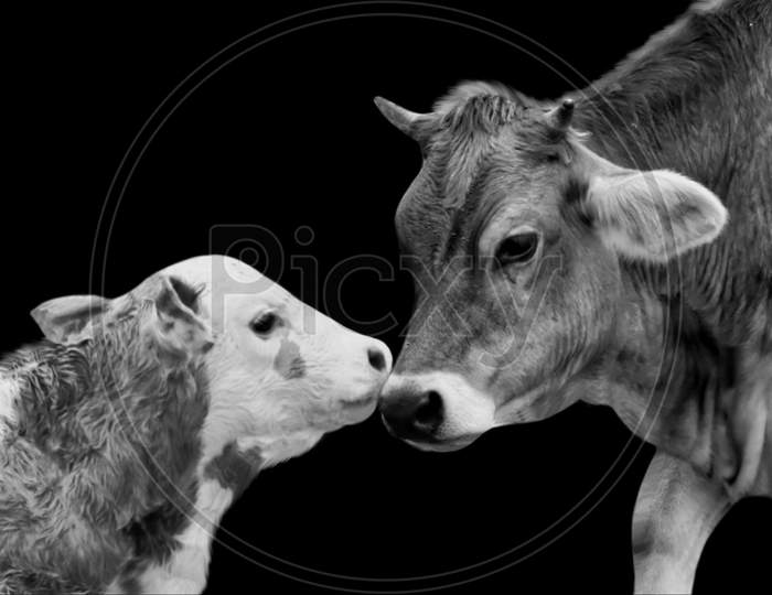Mother Cow And Baby Calf Portrait On The Black Background