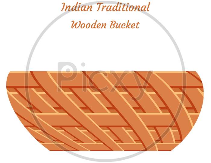Wooden Basket On White Background, Indian Traditional Bamboo Wood Basket Vector Illustration On White Background.