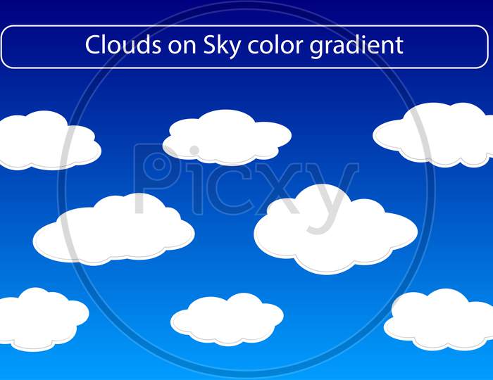 Simple Flat Cloud Shape Set Created On Sky Color Gradient Background, Hand Drawn Simple Cloud Vector Illustration.