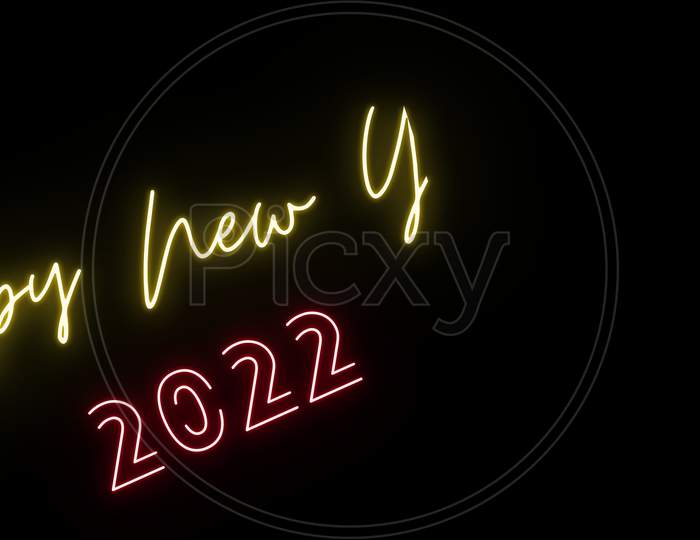 Happy New Year 2022 template on black background. Long space for text,