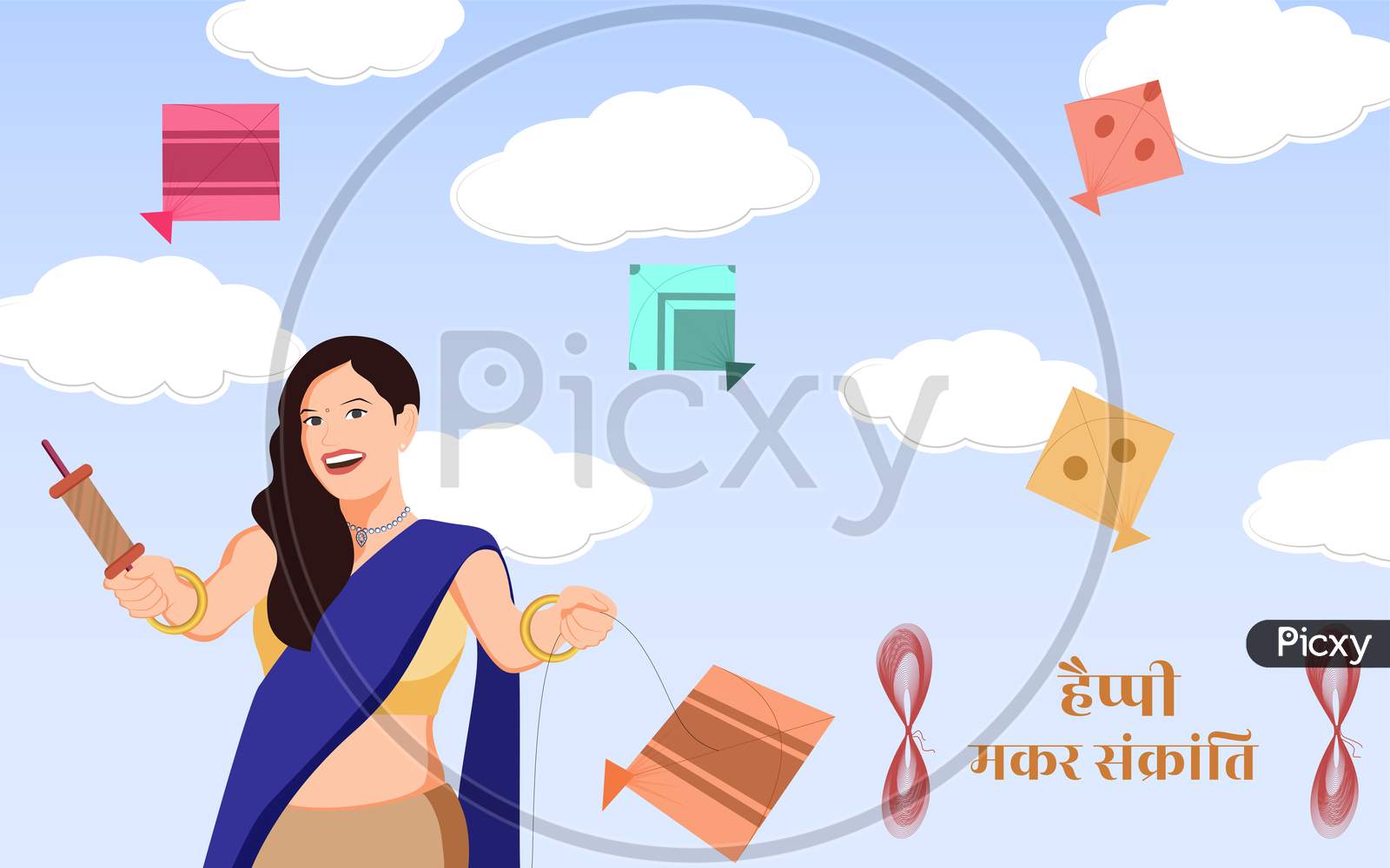 Indian Girl With Charkhi And Patang On Blue Gradient Background With Cloud Shapes, Vector Illustration For Makar Sankranti Festival,
