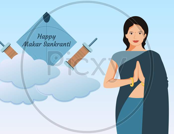 Girl In Namaste Pose On Blue Background With Clouds, Charkhi And Kite, Happy Makar Sankranti Vector Illustration.