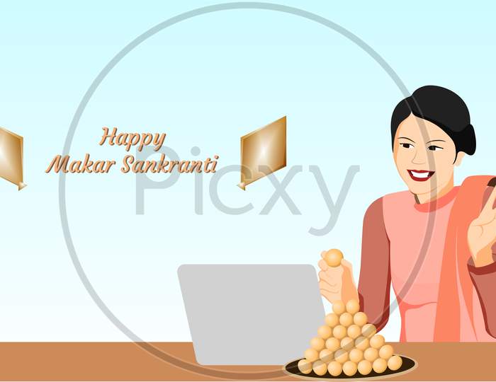 Indian Girl With Laddoo Sweet On Simple Gradient Background, Vector Character Illustration For Makar Sankranti Festival.