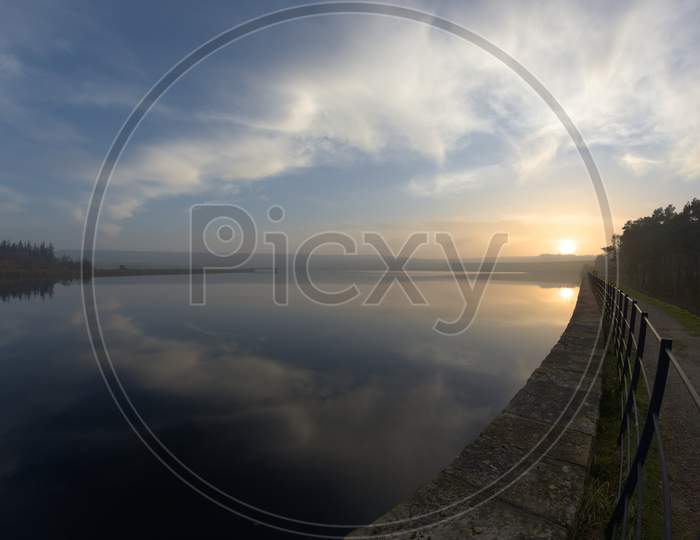 Mirrored Sunset In Water At Redmires Reservoir, Fish Eye Perspective